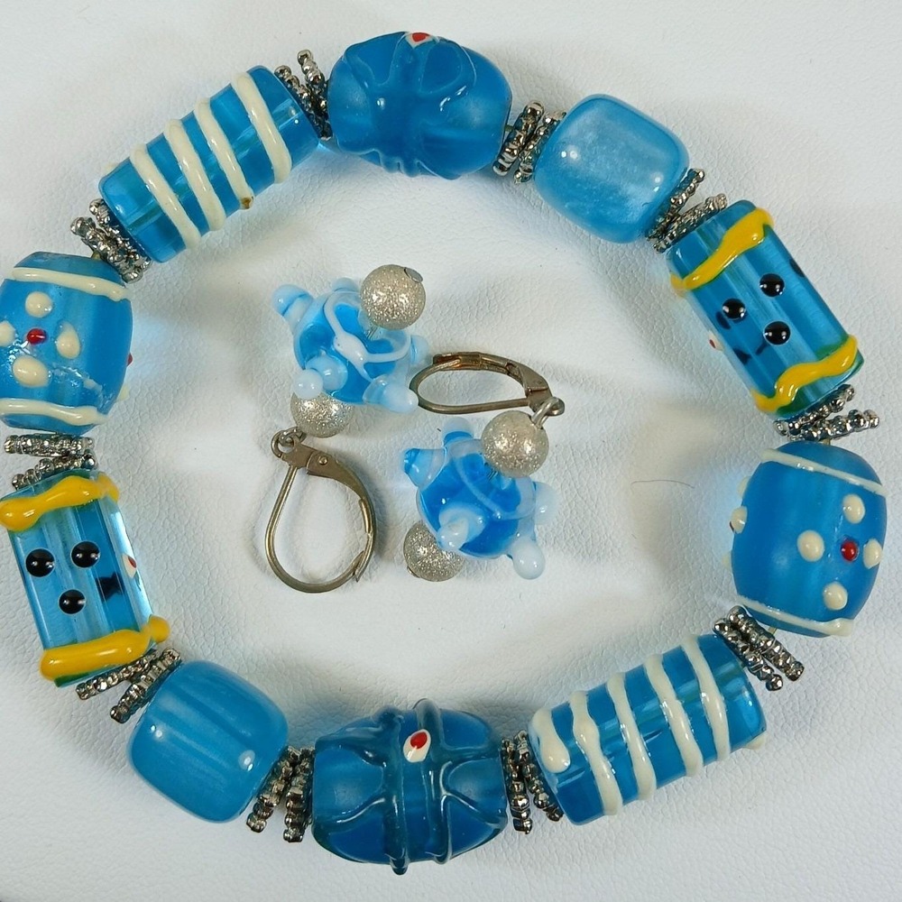 Artisan Handmade Blue Lampwork Glass Bead Stretch Bracelet and Earring Set - Picture 11 of 14